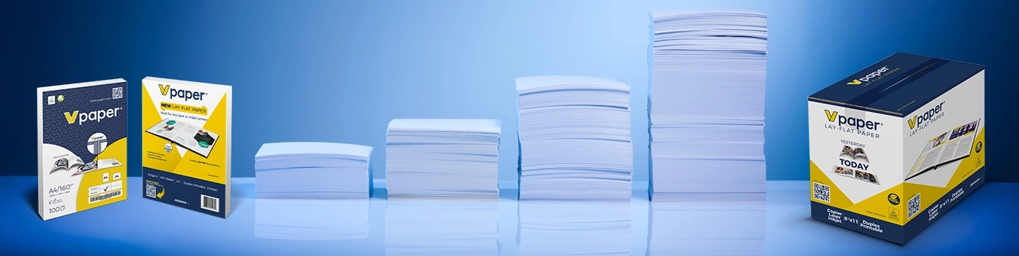 Un bandeau présentant des ramettes de papier et piles de feuilles