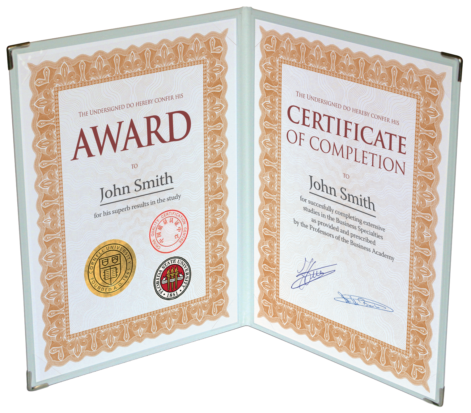 Présentation de 2 dipômes version portrait avec une finition luxe