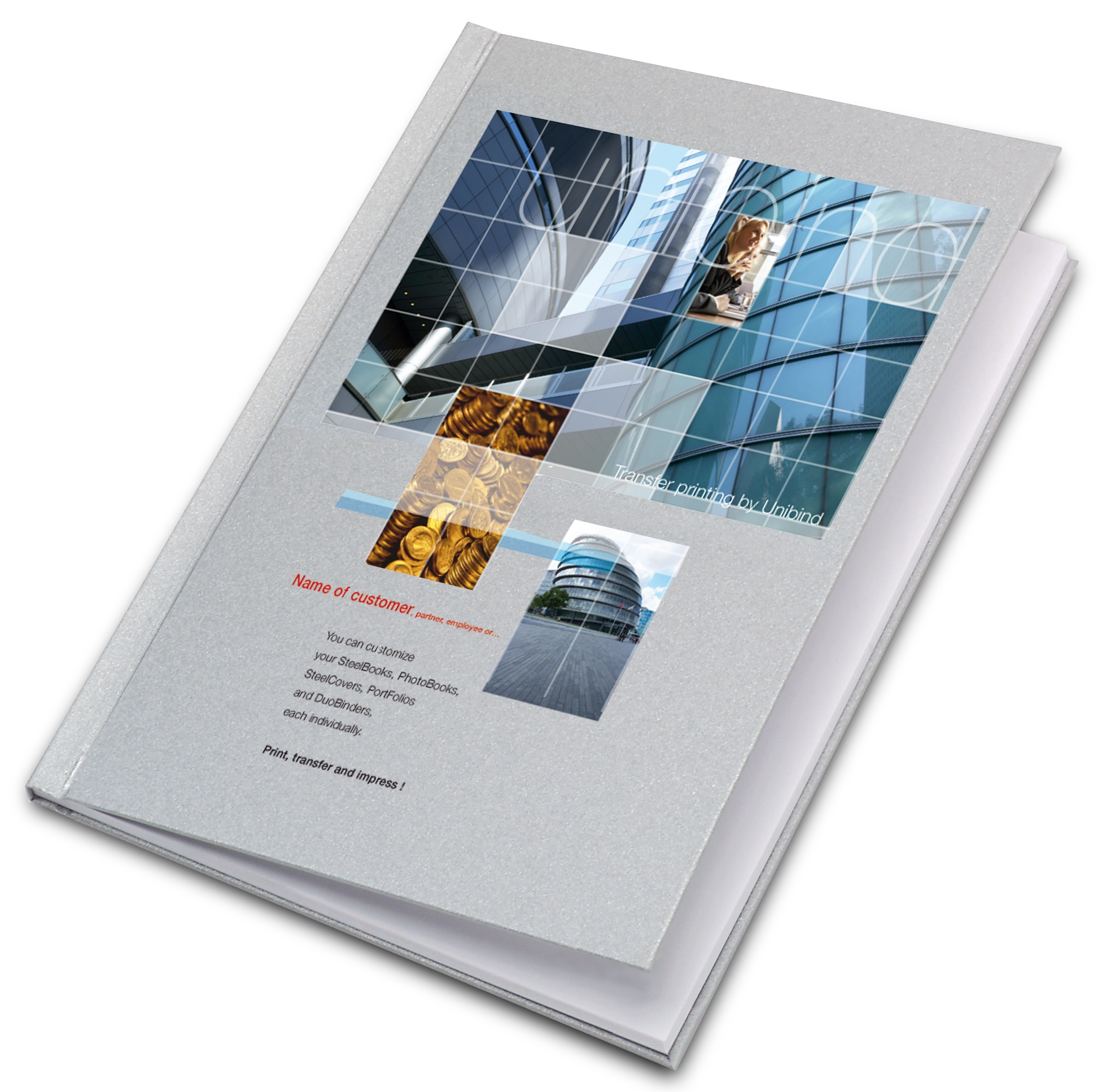 Couverture rigide de livre photo panoramique format portrait montrant un montage photo de plusieurs images d'entreprises