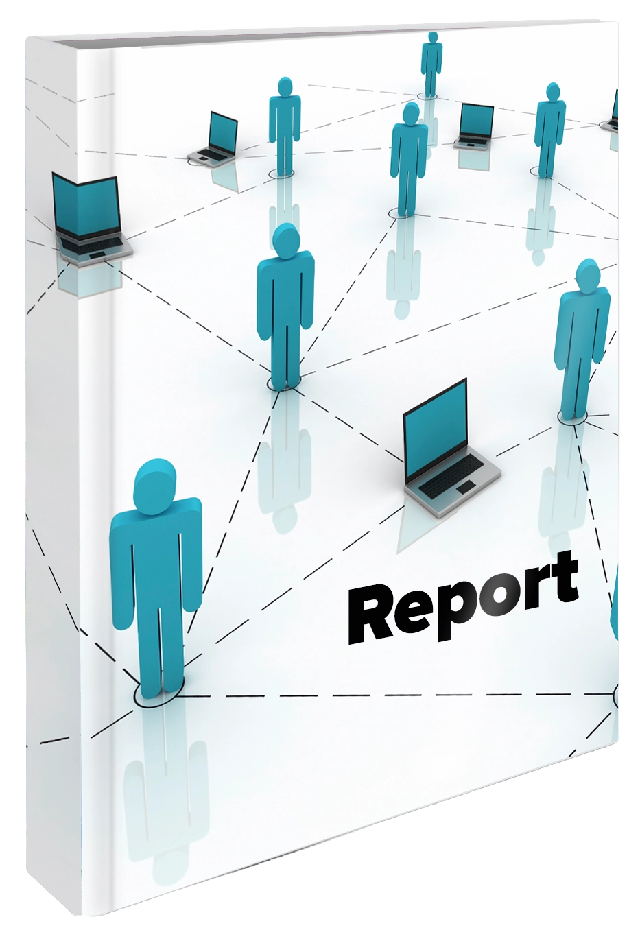 Classeur au format A4 blanc avec des dessins d'ordinateurs et de bonhommes bleus avec couverture rigide personnalisée et système de reliure à anneaux