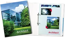 Classeur au format A4 blanc ouvert montrant le système de reliure à 2 anneaux et un document d'architecte