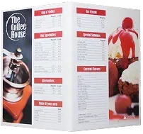 Panneau acrylique double avec sytème autocollant présentant une photo d'un menu de restaurant avec une photo de glaces et de fruits