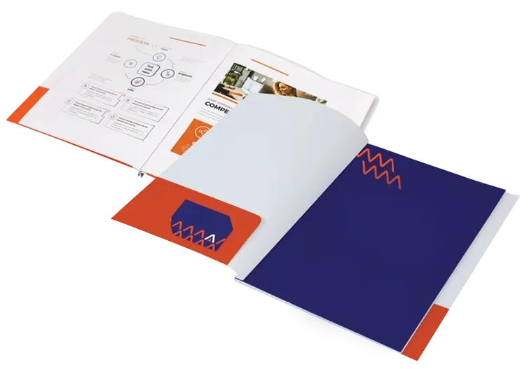 Pochette souple de prospection couleur blanche au format A4 personnalisée avec un logo et du texte, présentée recto et verso