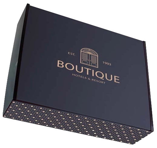 Une boîte format A4 personnalisée avec un logo en dorure pour la boutique de luxe d'un hotel