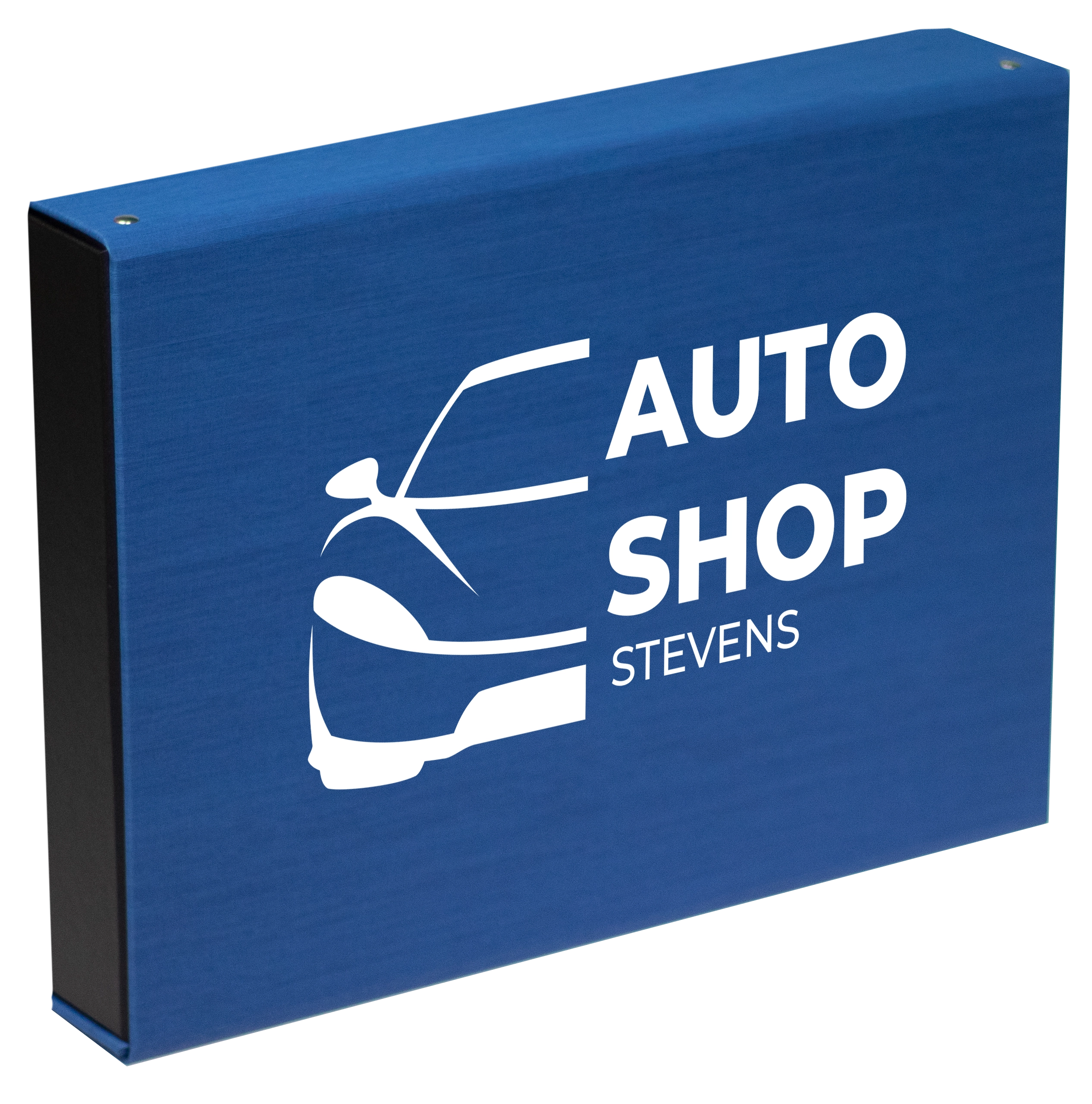 Une boîte format A5 de couleur bleu personnalisée avec logo et texte blanc